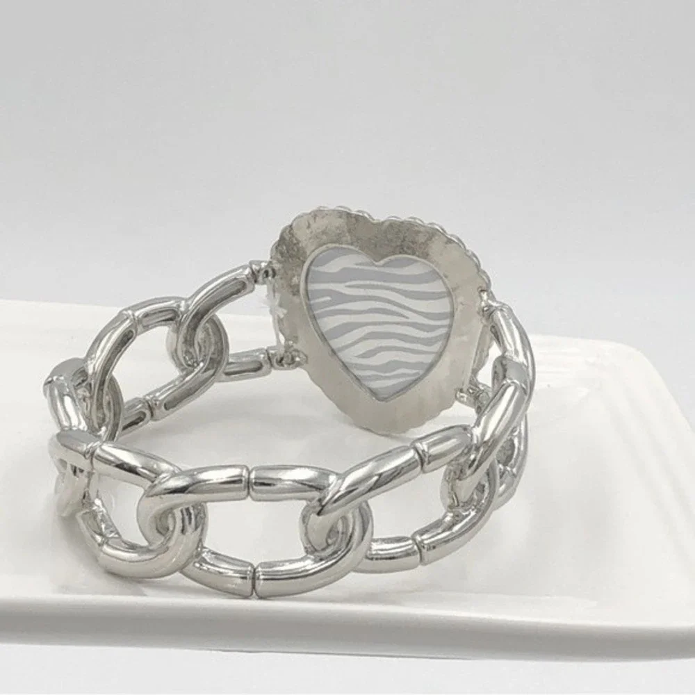 🌼 Zebra Stripe Print Heart Rhinestone Silver Stretch Bracelet